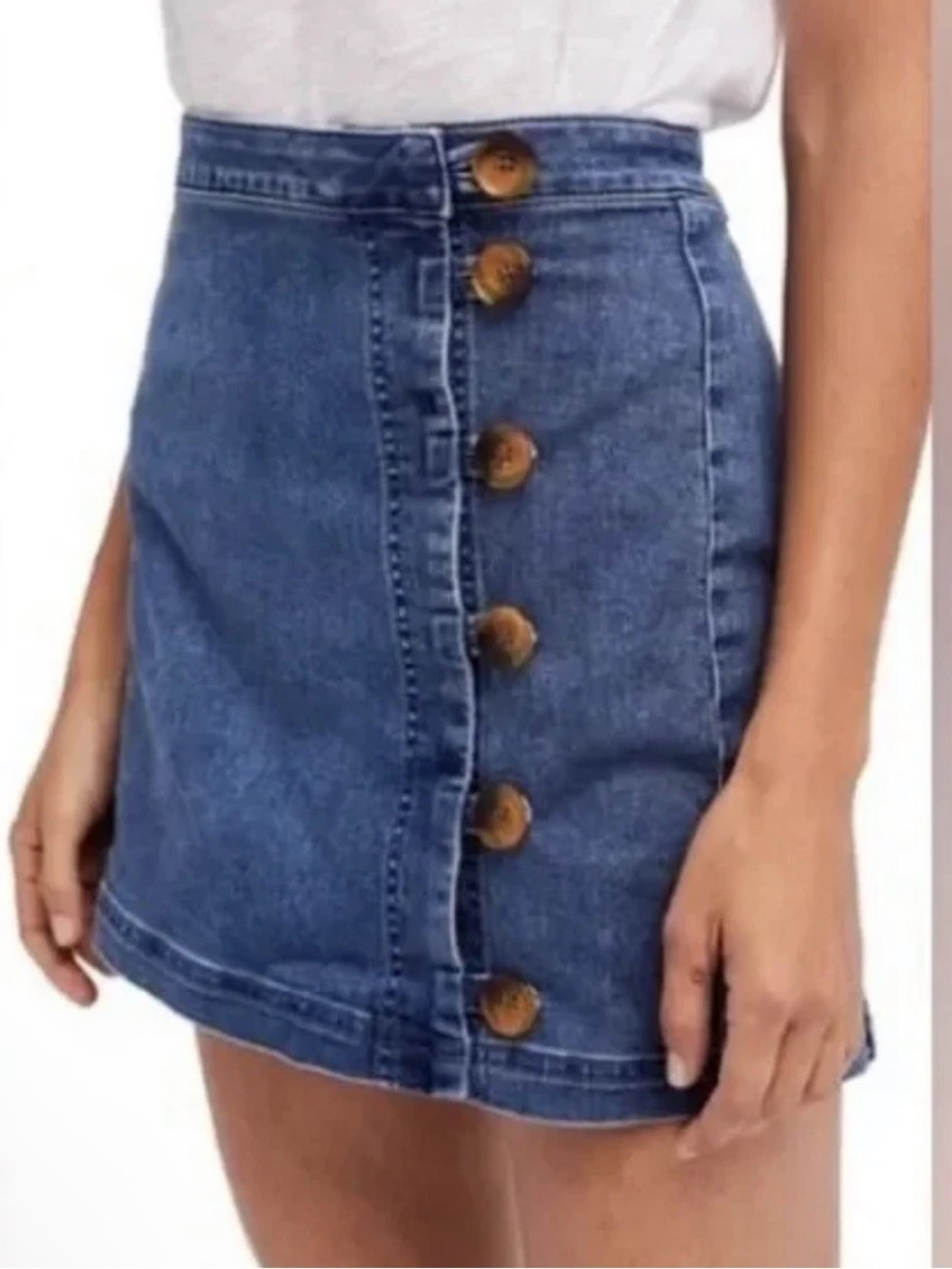 Free People Blue Button-Side Denim Little Daisy Mini Skirt